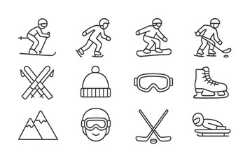 Different winter sports activities represented with icons showcasing skiing, snowboarding, ice skating, and sledding against a snowy backdrop