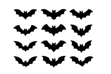 Multiple black silhouettes of bats arranged in a pattern against a white background for Halloween decorations