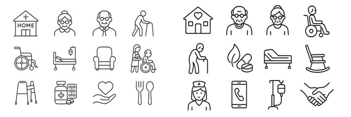 Icon collection representing elder care services in a supportive environment for seniors