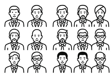 Diverse group of illustrated individuals in business attire showcasing various hairstyles and facial hair styles in a grid layout