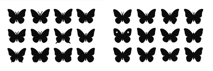 Multiple black butterfly silhouettes arranged in a symmetrical pattern against a white background