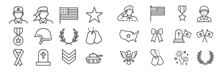 Military icons collection depicting service, honor, and patriotism on a simple background