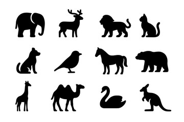 Collection of animal silhouettes featuring diverse species in black on a white background