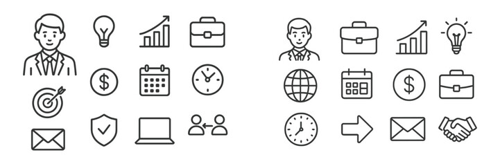 Business icons representing ideas, growth, finance, and teamwork in a professional environment