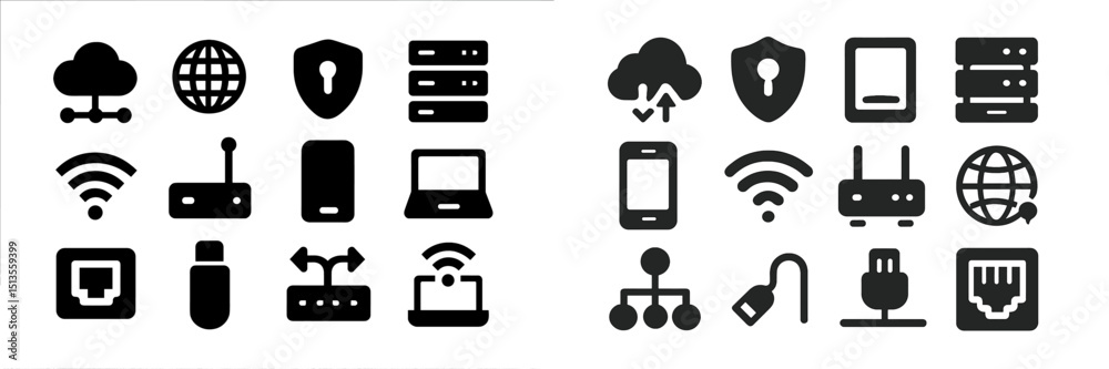 Poster various technology icons representing networking, security, and data transfer in a minimalist style