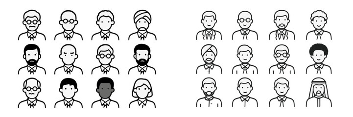 Diverse group of illustrated male characters showcasing various hairstyles and facial features in casual attire