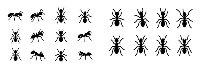 Various black ant silhouettes arranged in a grid pattern showcasing different sizes and poses for design purposes