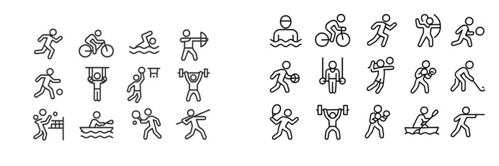 Collection of stick figure icons representing various sports and physical activities suitable for graphic design projects