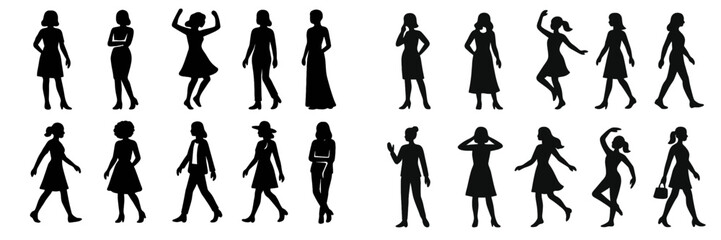 Various silhouettes of women in stylish dresses performing a range of poses and activities in a creative setting