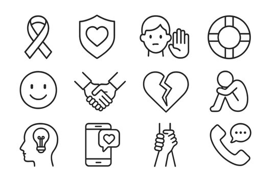 Icons representing mental health awareness, support, and communication in a simple design