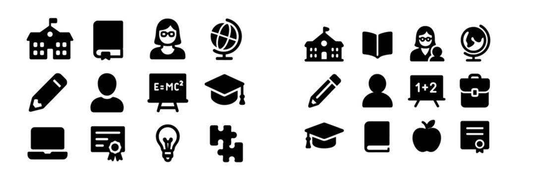 Educational icons representing various aspects of learning, teaching, and school environment for teachers and students