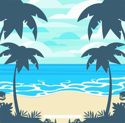 summer background beach - Tropical Summer Holiday Background – Flat Style Vector - Summer Beach Vector Illustration – Palm Trees and Sunlight