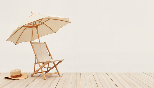 Beach chair with umbrella and straw hat on wooden deck, summer vacation.