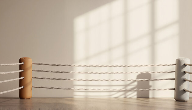  Boxing Ring in Sunlight, Beige and White Corner, Sport Concept, Empty Arena, Modern Interior, Athletic Inspiration.