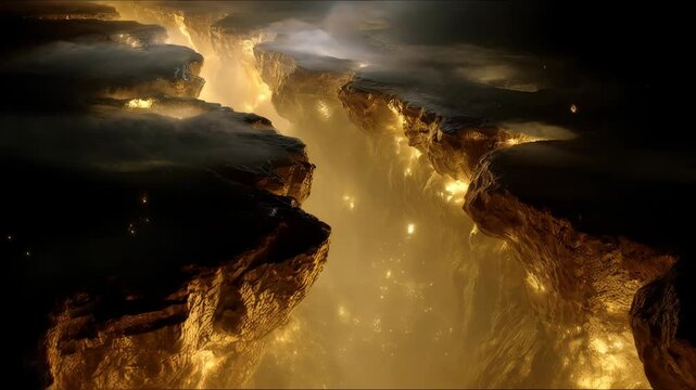 Dramatic view between rocky cliffs illuminated with golden light and ethereal mist formations in mysterious landscape
