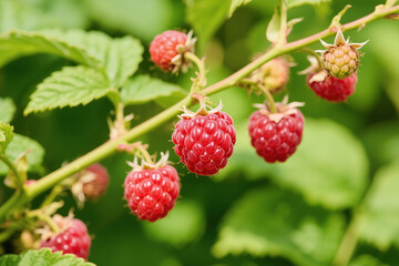 Close-Up of Fresh Raspberries on Branches Bathed in Natural Light