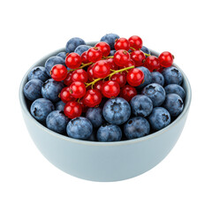 A bowl of plump blueberries topped with bright red currants sit together in a light blue bowl