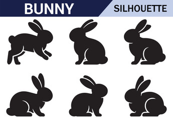 Set of black bunny silhouettes in various playful poses, perfect for Easter designs.