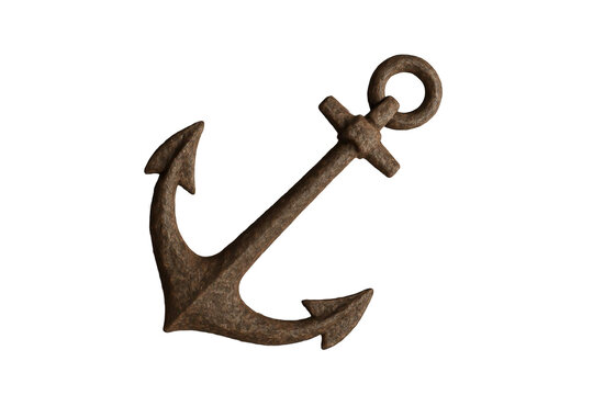 Vintage metal anchor icon isolated on white background, nautical marine symbol for maritime travel, sea adventure, tattoo design, pirate theme, and coastal branding
