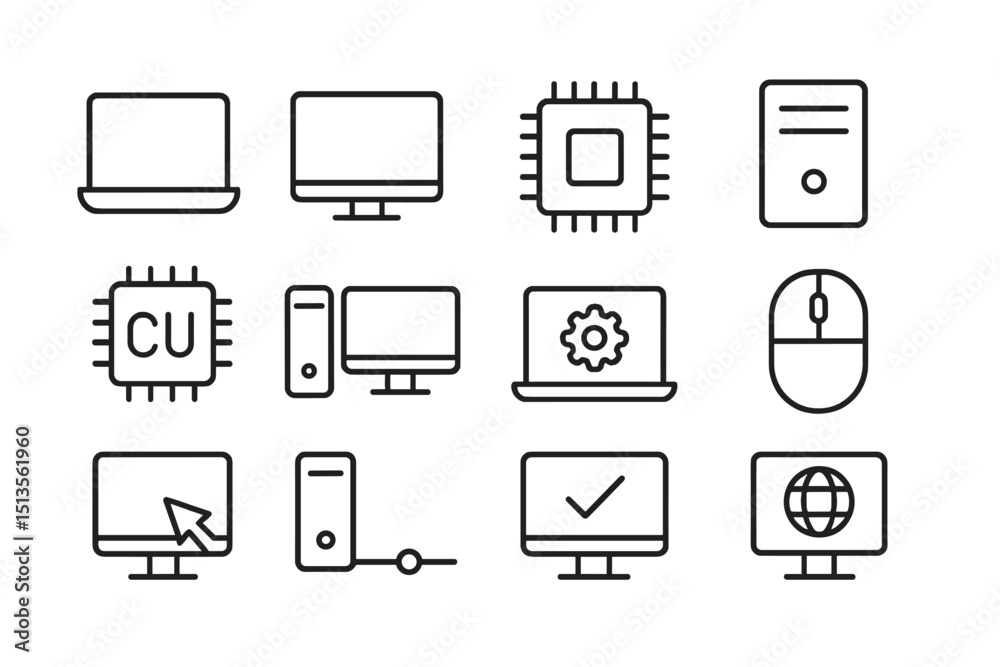 Fototapete Collection of simple line icons representing computer hardware and devices in a grid layout on a clean background