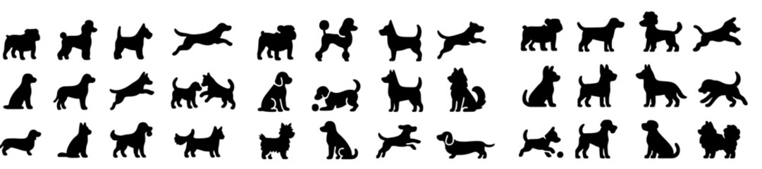 Collection of playful dog silhouettes varied in poses and breeds displayed against a white background