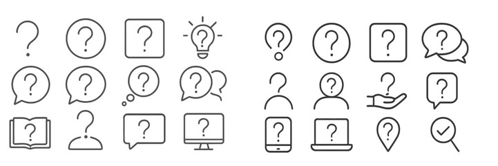 Graphic icons representing questions, conversations, ideas, and information exchange in a modern design layout