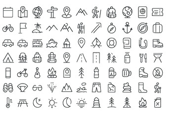 Collection of outdoor adventure and travel icons representing various activities and locations in a minimalist design