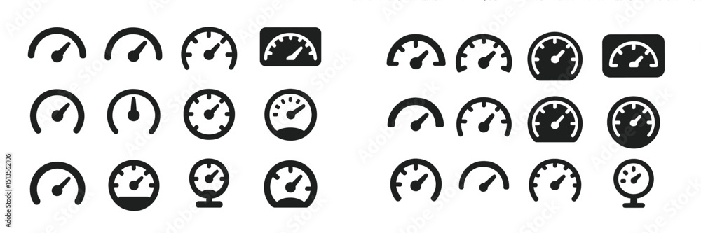 Poster various designs of gauge icons representing different metrics and levels in a sleek and modern style