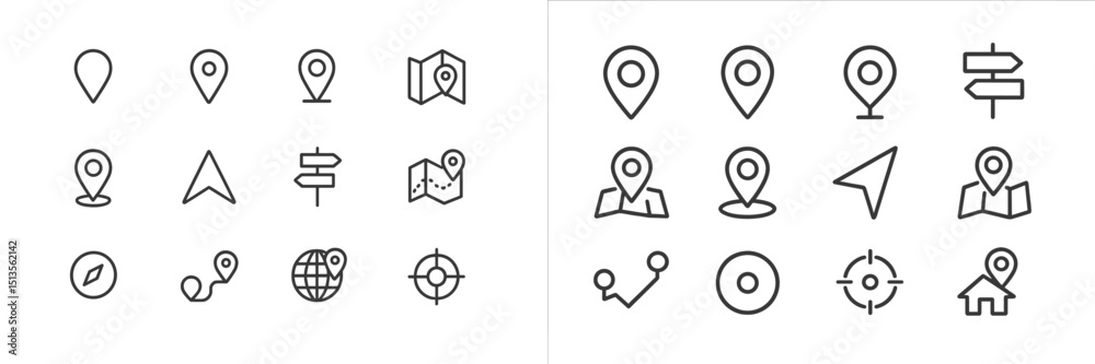 Poster various navigation and mapping icons in a simple line art style for modern digital applications