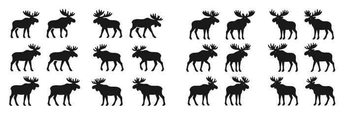 Silhouettes of moose in various poses against a plain background