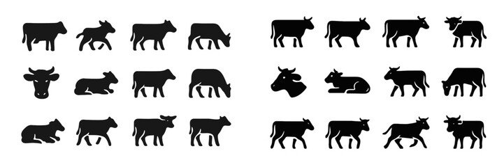 Various silhouettes of cows in different poses and orientations created in a minimalist style for educational and artistic purposes