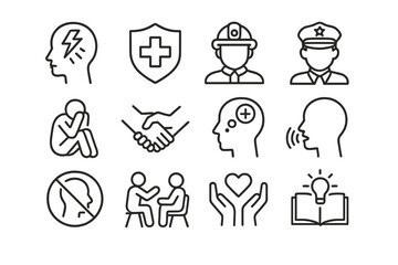 Illustrations of mental health support and law enforcement activities promoting well-being in community settings