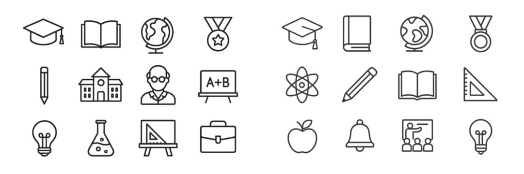 Educational icons representing various subjects and activities related to learning and academics displayed in a grid format