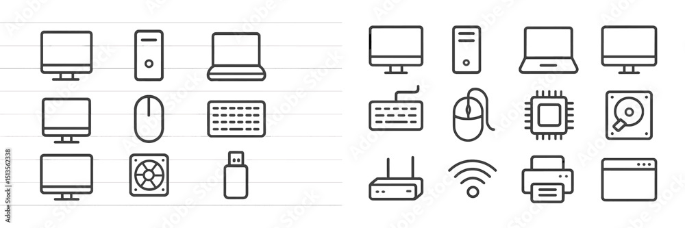Poster collection of digital device icons showcasing various computer and networking equipment arranged in 
