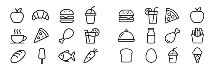 Diverse food icons featuring fruits, desserts, beverages, and meals arranged in a grid layout