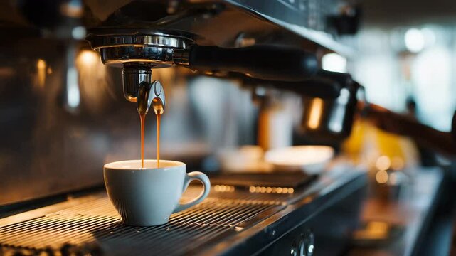 Close-Up of Espresso Machine Brewing Fresh Coffee in a Caf&eacute; Setting