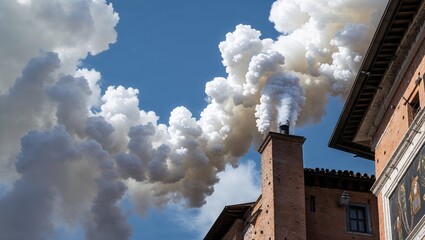 White smoke from the industrial chimney suggests air pollution affecting the blue sky and environment