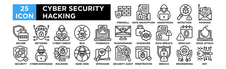 Cyber Security Hacking icon collection set. Firewall Protection, Data Encryption, Anonymous Hacker, Virus Detection, Phishing Attack