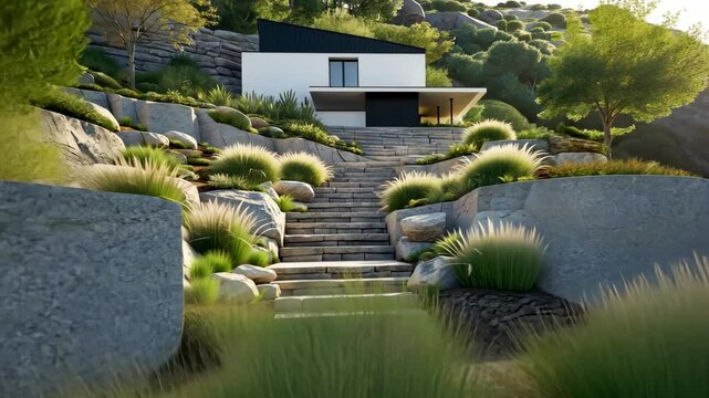 Modern house on hillside with stone steps and landscaped garden surrounded by grass and native plants