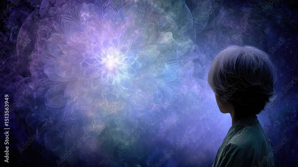 Aufkleber exploring inner peace and soul alignment in a tranquil cosmic setting at dusk