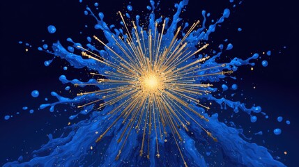 Dynamic explosion of radiant golden core with thin rays extending outward, surrounded by vibrant blue splash and irregular paint-like forms. Scattered golden droplets enhance energetic motion, creatin