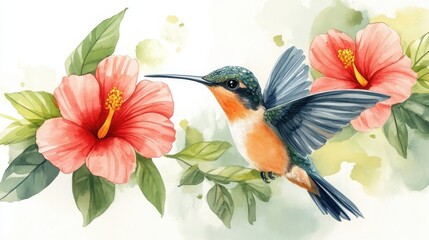A colorful hummingbird hovers near vibrant pink hibiscus flowers, surrounded by lush green leaves in a watercolor style.