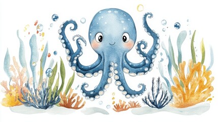 Fototapeta premium Cute cartoon octopus swimming underwater, surrounded by colorful sea plants and bubbles.