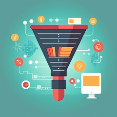 Marketing Funnel: A vibrant illustration of a marketing funnel, showcasing the journey from potential customer to loyal client, with connected icons representing the stages of conversion. 