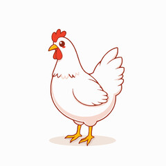 Cute cartoon white hen illustration standing facing right with red comb wattles and yellow beak perfect for farm and poultry themes