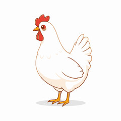 Adorable cartoon illustration of a white chicken with a red comb and wattle standing gracefully on a white background
