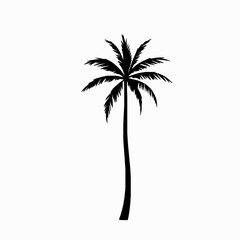 Black silhouette illustration of a tall palm tree against a clean white background suitable for various design applications.