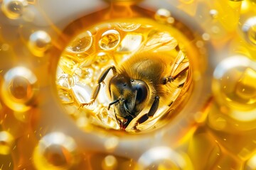 Close-up of a bee seemingly trapped or submerged in honey or a golden, viscous liquid, highlighting detail and texture.