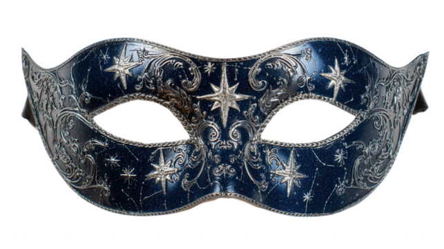 Blue and silver star masquerade mask isolated on transparent background, PNG