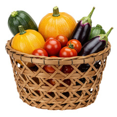 Basket brimming with colorful produce yellow squash, eggplant, zucchini and ripe tomatoes
